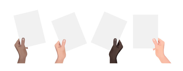 Diverse Black and White Hands Holding Empty Paper and Placard for Poster Banners. Vector.