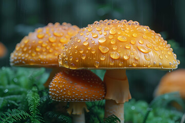 Obraz premium Vivid mushrooms adorned with dew drops, Enchanted Forest Floor Style, Nature's Small Wonders Concept, Great for Mycology and Nature Education, copy space