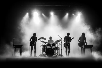 A band of five musicians are silhouetted against a backdrop of smoke and light.