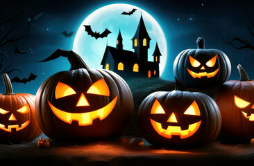 Sinister Halloween pumpkins casting eerie shadows under the moonlit night sky