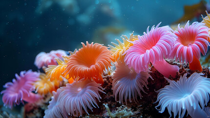 Vibrant sea anemones on the ocean floor, Marine Wonder Style, Underwater Ecosystem Concept, Suitable for Environmental and Oceanographic Education, copy space