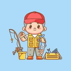 Cute fisher fishing cheer kawaii chibi character mascot illustration outline style design