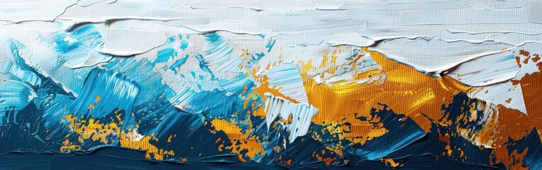 Abstract Blue and Gold Art Painting Texture Closeup with Oil Brushstrokes on Canvas Background - Panoramic Banner