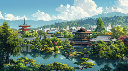 A picturesque depiction of the serene cityscape of Kyoto highlighting its historic temples