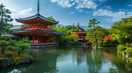 Fototapeta premium A picturesque depiction of the serene cityscape of Kyoto highlighting its historic temples