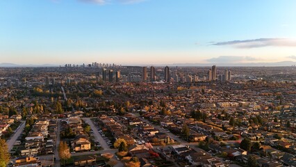 Beautiful sunset over the skyline of Burnaby in the Lower Mainland during a spring season in...