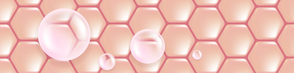 Hyaluronic acid and Niacinamide hair and skin solutions ad, pink collagen serum drops into skin cell with cosmetic advertising background ready to use, illustration vector.