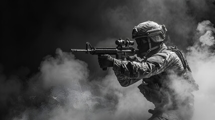 American soldier with gun emerges from smoke against black background, Generative AI.