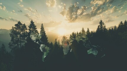 World Map Integrated with Forest Double Exposure Art - obrazy, fototapety, plakaty