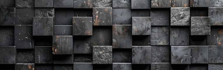 Dark Stone Mosaic Tiles Texture with Square Cubes Pattern for Concrete Cement Background - Panoramic Banner - obrazy, fototapety, plakaty