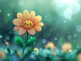 A vibrant depiction of a happy cartoon flower with dewdrops in a lovely garden setting with dreamy visual effects and a playful