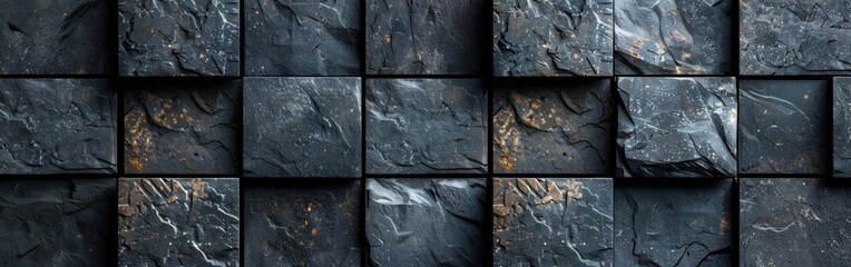 Dark Stone Mosaic Tiles Texture with Square Cubes Pattern for Concrete Cement Background - Panoramic Banner