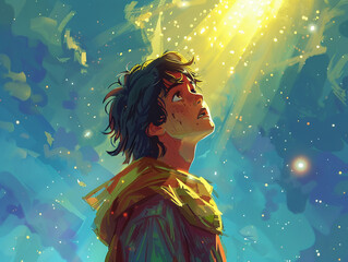 A vibrant depiction of the young Samuel hearing Gods call in a lovely cartoon setting with dreamy visual effects and a playful