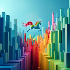 Capture the majesty of a holographic unicorn soaring through a neon-lit cityscape from a unique low-angle perspective, blending pixel art with glitch art for a surreal effect