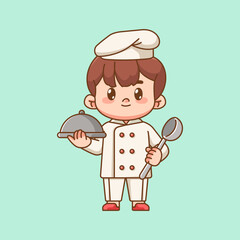 Cute chef cook serve food kawaii chibi man character mascot illustration outline style design