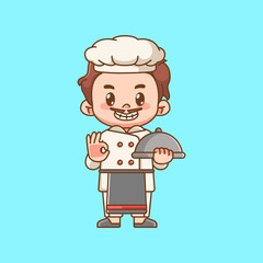 Cute chef cook serve food ok pose kawaii chibi character mascot illustration outline style design