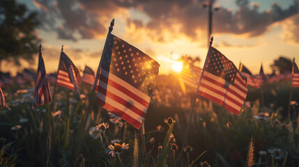 Sunset over American Flags in Field, Generative AI - obrazy, fototapety, plakaty