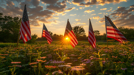 Sunset over American Flags in Field, Generative AI - obrazy, fototapety, plakaty