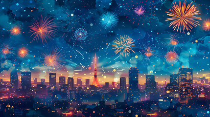 Fototapeta premium Night Sky Fireworks: Celebrating American Independence Day with Spectacular Display, Generative Ai