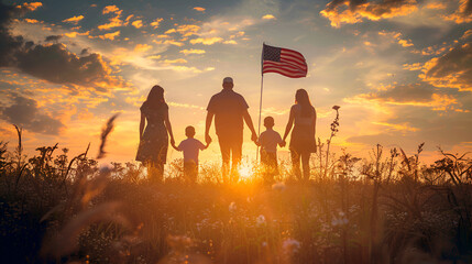 American family celebrates Independence Day with flag in front of Sun, Generative AI - obrazy, fototapety, plakaty