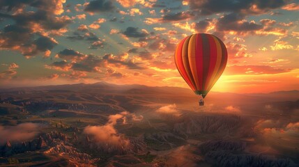 A breathtaking hot air balloon journey towards the sunrise, AI Generative.