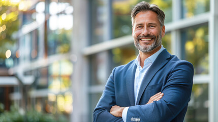 Portrait of a handsome businessman with a beard in a formal casual blue suit combined with a white shirt smiling with folded hands in front of a blurry office building