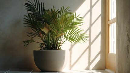 Fototapeta na wymiar Indoor potted palm in modern pot basking in natural sunlight near window, adding greenery to contemporary interior design AI Generative.