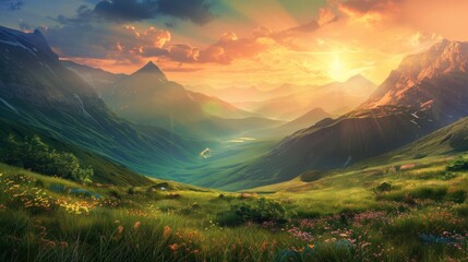 Mountain valley sunrise. Beautiful landscape - obrazy, fototapety, plakaty