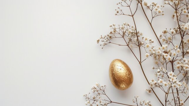 Minimalist composition with a golden egg amid delicate white flowers, AI Generative.