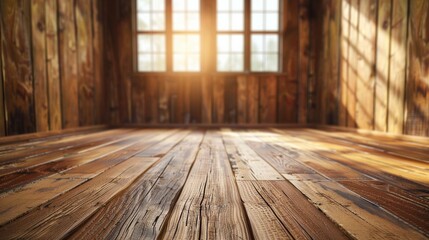 Bright room with a warm wooden floor and background. AI Generative.