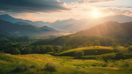 Mountain valley sunrise. Beautiful landscape - obrazy, fototapety, plakaty