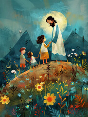 An enchanting illustration of Jesus and two children on a hill cartoon-style with soft sculpture aesthetics