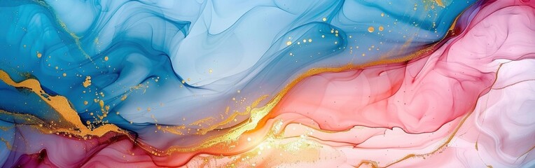 Soft Pastel Watercolor Background with Golden Lines and Fluid Marbled Texture - Abstract Banner...