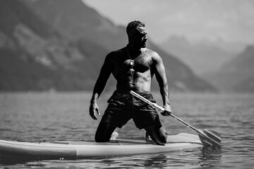 Sexy muscular man standing in summer water. Summer Travel vacation holiday. Relax man, freedom,...