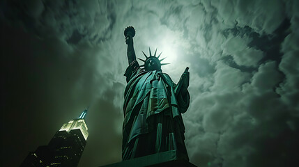 Night sky, Statue of Liberty, illuminated – Generative AI - obrazy, fototapety, plakaty