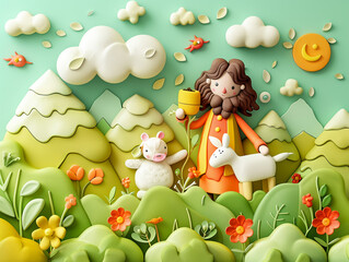 Obraz premium An enchanting illustration of the Good Samaritan helping the traveler in a cartoon style with soft sculpture aesthetics and a bright