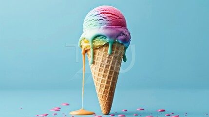 Vivid melting ice cream cone overflows with color, AI Generative.
