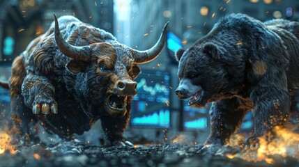 Symbolic clash of bull and bear in the financial market, embodying the stock trends AI Generative.