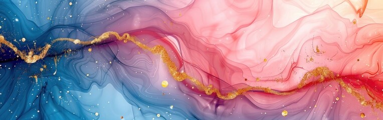 Soft Pastel Watercolor Background with Golden Lines and Fluid Marbled Texture - Abstract Banner Illustration in Generative AI - obrazy, fototapety, plakaty