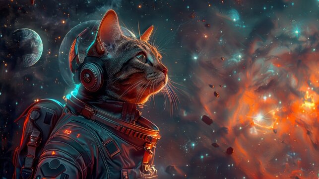 ntriguing cat astronaut gazing at Earth, symbolizing curiosity and space exploration, a stellar scene, AI Generative.