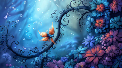 Mystical underwater world with a glowing fish and beautiful flowers.