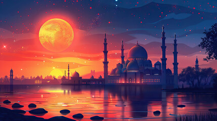 vector illustration of a view of a mosque at night 1 AI Generative - obrazy, fototapety, plakaty