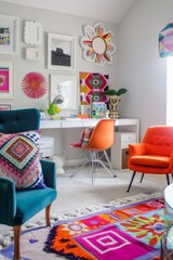A funky home office with a mix of vibrant furniture, quirky wall art, and bright accent rugs, Generative AI