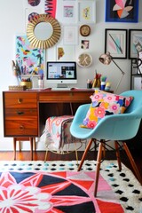 A funky home office with a mix of vibrant furniture, quirky wall art, and bright accent rugs,...