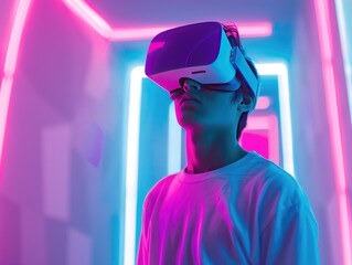 A young man wearing VR glasses.