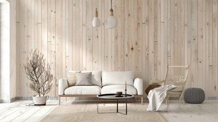 Serene Scandinavian interior design with minimalist pine wood wall, AI Generative.