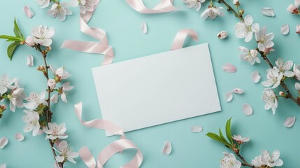 Whimsical spring card mockup surrounded by flowers and ribbon, AI Generative.