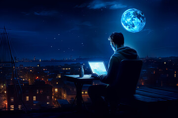 A man is sitting at a table with a laptop, looking out at the city below