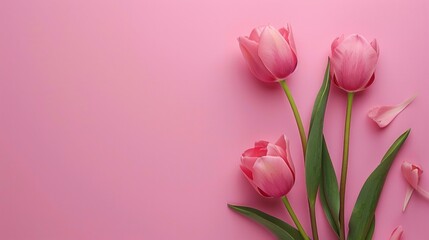 Serene pink tulips over a vibrant pink background, symbolizing gentle spring, AI Generative.