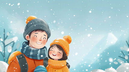 An illustration of a happy family in a winter wonderland cartoon-style with soft sculpture look